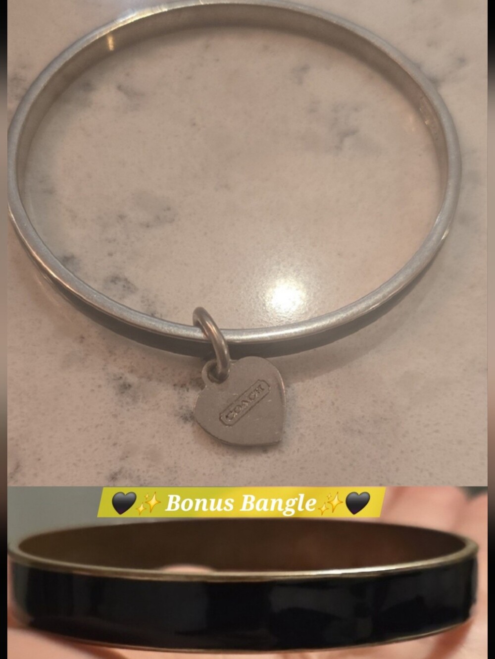 🖤Coach Black Pavé Crystal Heart Charm Bracelet Stackable & BONUS Black Bangle🖤